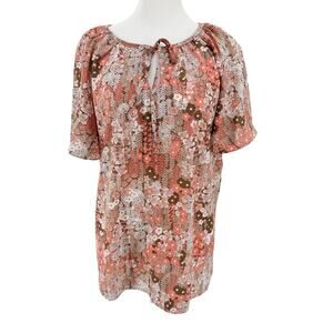Womens Boho Floral Blouse XL Brown Orange Peasant Top Short Sleeve Tie Neck